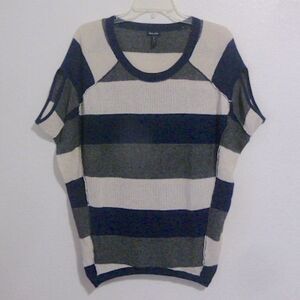 Splendid Striped Sweater Pullover Dolman Short Sleeves Knit Navy Grey Ivory Sm